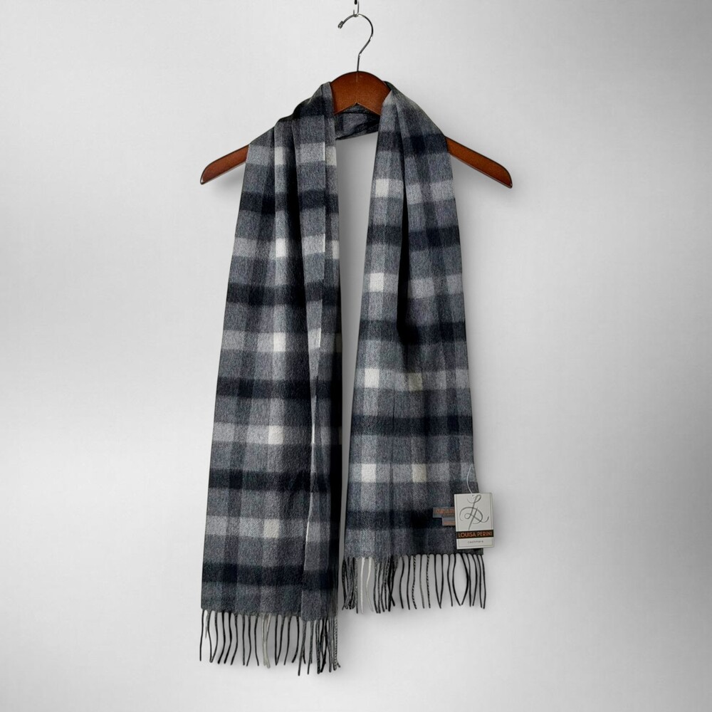 Louisa Perini Gray Plaid Cashmere Scarf Unisex Soft Winter 60 x 12